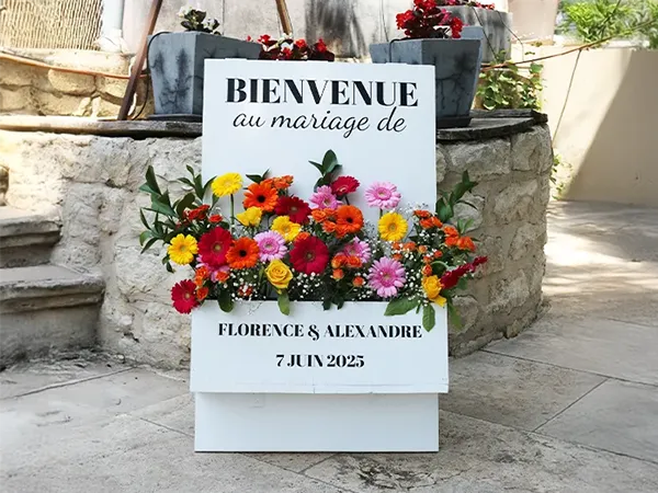 Jardinière de bienvenue mariage de Florence et Alexandre